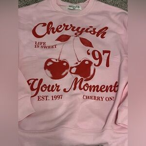 Wound Up Pink Crewneck with Red Cherry Graphic